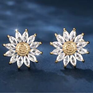 Sunflower Crystal Stud Earrings Gold Tone Dainty Floral Sparkle
